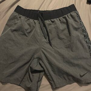 Nike Men’s Gray Athletic Shorts with Black Waistband and Drawstring